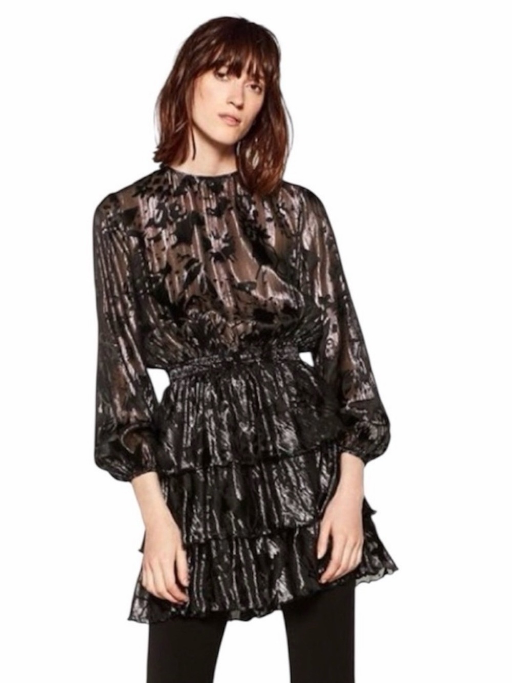 Zara Metallic Black Tiered Ruffle Tunic Dress